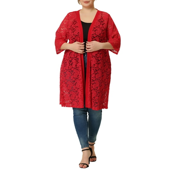 Agnes Orinda Women's Plus Size Valentines Day Cardigans Lace Lightweight Knit 3/4 Sleeves Cover Up Cardigans 3X Red