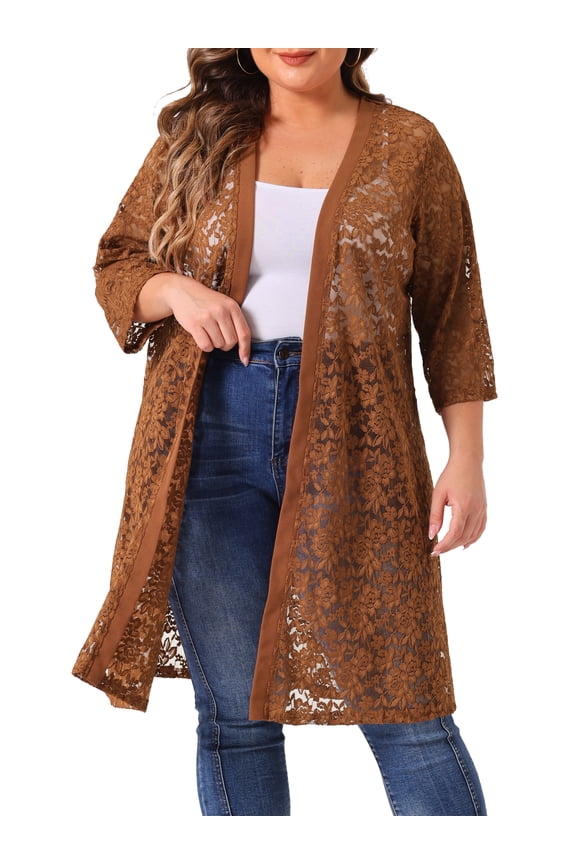 Women's Plus Size Cardigans Lace Lightweight Knit 3/4 Sleeves Cover Up Cardigans 4X Brown