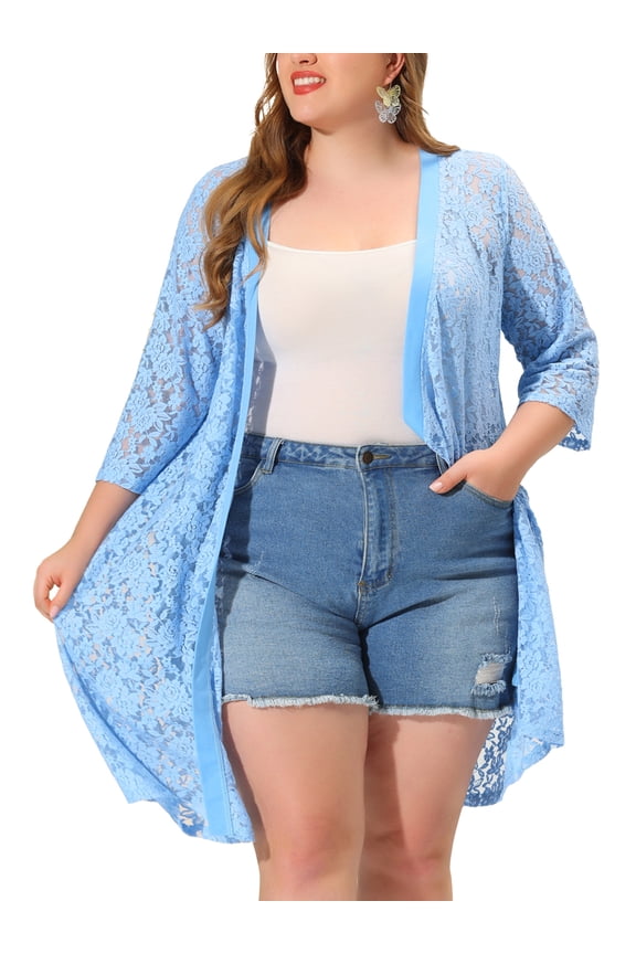 Women's Plus Size Cardigans Lace Lightweight Knit 3/4 Sleeves Cover Up Cardigan 1X Light Blue