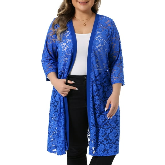 Agnes Orinda Women's Plus Size Valentines Day Cardigans Lace Lightweight Knit 3/4 Sleeves Cover Up Cardigans 4X Royal Blue
