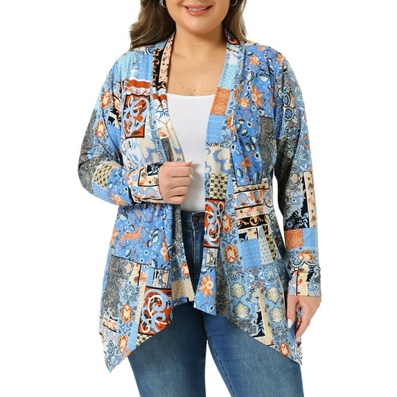 Agnes Orinda Women's Plus Size Cardigans Leopard Floral Printed Open Front Lightweight Jacket Fall Knit Cardigan 3X Blue