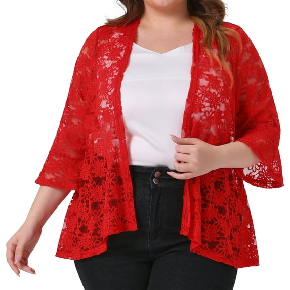 Agnes Orinda Women's Plus Size Valentines Day Cardigans Open Front 3/4 Bell Sleeves Sheer Lace Cover Up 1X Red