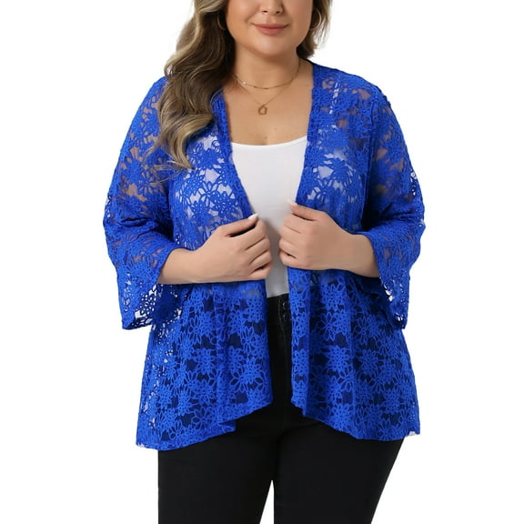 Agnes Orinda Women's Plus Size Valentines Day Cardigans Open Front 3/4 Bell Sleeves Sheer Lace Cover Up 2X Royal Blue