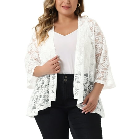 Agnes Orinda Women's Plus Size Cardigans Open Front 3/4 Bell Sleeves Sheer Lace Floral Cover Up Bolero Shrugs 1X White