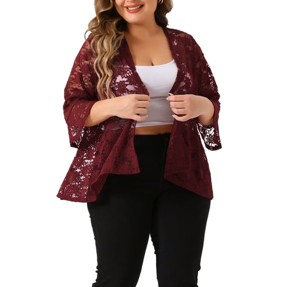 Agnes Orinda Women's Plus Size Valentines Day Cardigans Open Front 3/4 Bell Sleeves Sheer Lace Cover Up 2X Burgundy