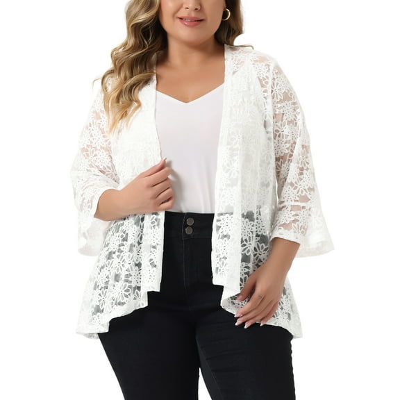 Agnes Orinda Women's Plus Size Cardigans Open Front 3/4 Bell Sleeves Sheer Lace Cover Up 2X White