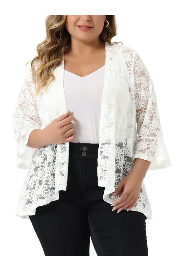 Women's Plus Size Cardigans Open Front 3/4 Bell Sleeves Sheer Lace Cover Up 3X White