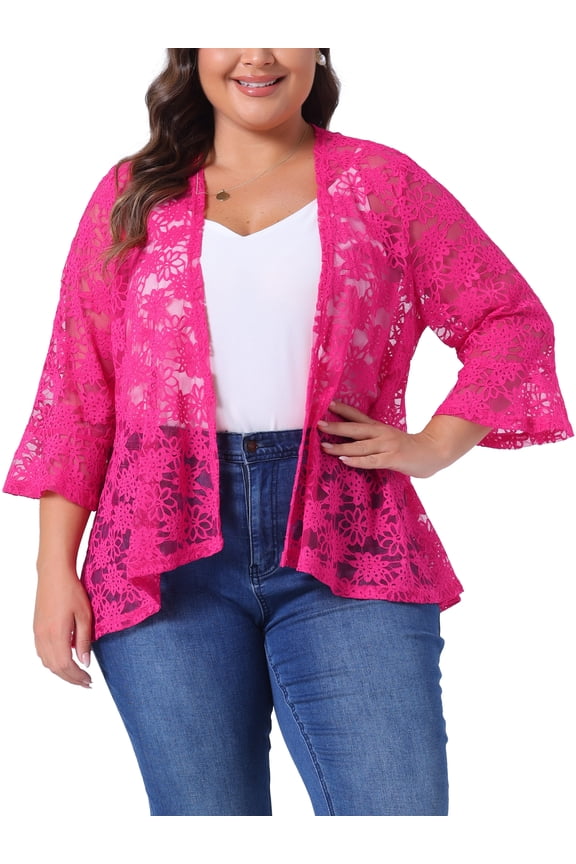 Women's Plus Size Cardigans Open Front 3/4 Bell Sleeves Sheer Lace Floral Cover Up Bolero Shrugs 4X Hot Pink