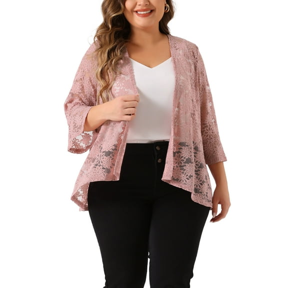Agnes Orinda Women's Plus Size Valentines Day Cardigans Open Front 3/4 Bell Sleeves Sheer Lace Cover Up 4X Pink