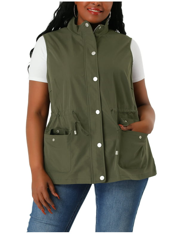 Agnes Orinda Women's Plus Size Cargo Pocket Drawstring Waist Vest Jacket
