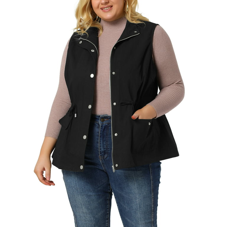 Agnes Orinda Women's Plus Size Cargo Pocket Drawstring Waist Vest Jacket 