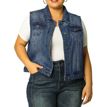 Agnes Orinda Women's Plus Size Casual Button Sleeveless Denim Vest Jacket 1X Blue