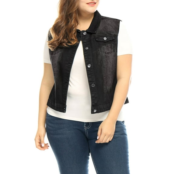 Agnes Orinda Women's Plus Size Casual Button Sleeveless Denim Vest Jacket 2X Black