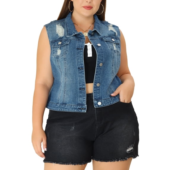 Agnes Orinda Women's Plus Size Casual Button Sleeveless Denim Vest Jacket 2X Blue Ripped