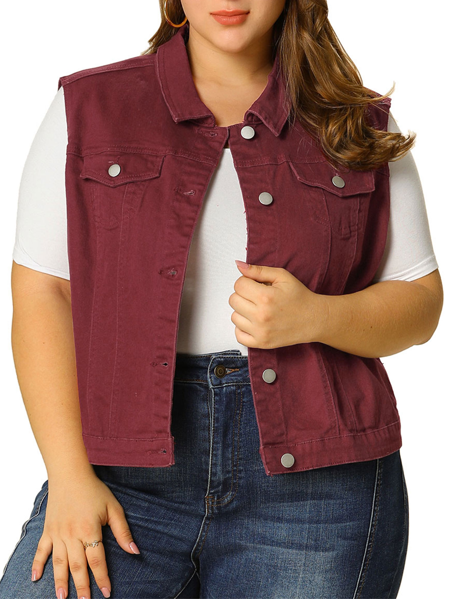 Agnes Orinda Women's Plus Size Casual Button Sleeveless Denim Vest Jacket - image 1 of 7