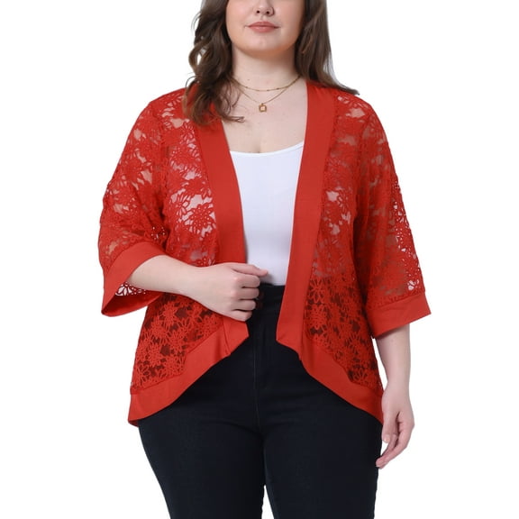 Agnes Orinda Women's Plus Size Valentines Day Lace Crochet Cardigan Casual 3/4 Sleeves Sheer Lightweight Summer Cover Up 2X Red