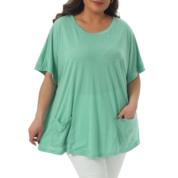 Agnes Orinda Women's Plus Size Casual Top Crew Neck Short Sleeve Solid Summer Blouses with Pockets 1X Light Green