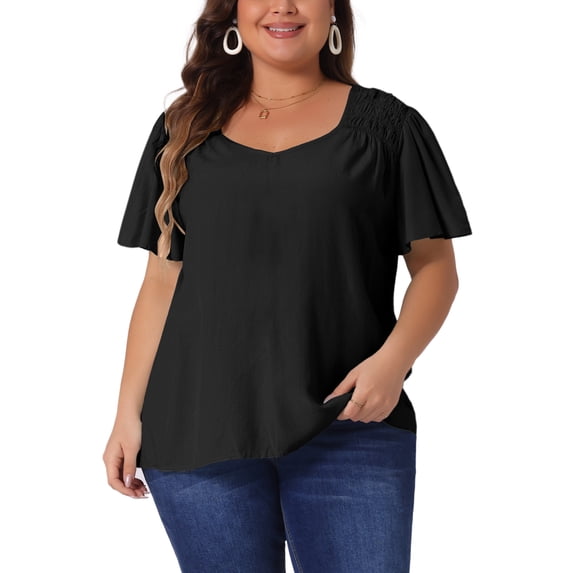 Agnes Orinda Women's Plus Size Casual Tops Ruffle Sleeve Smocked Shoulder V Neck Summer Chiffon Blouse 2X Black