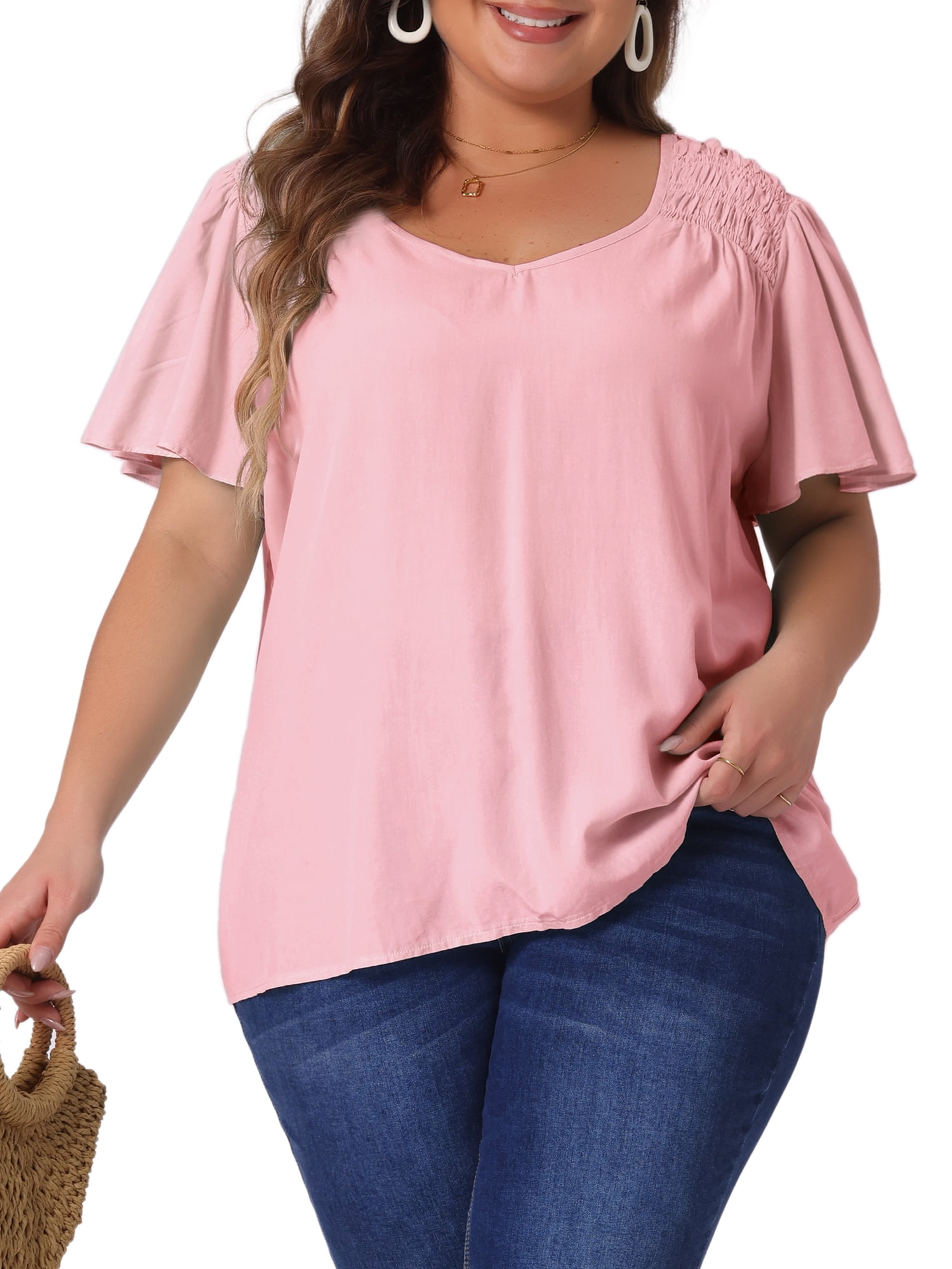 Agnes Orinda Women's Plus Size Casual Tops Ruffle Sleeve Smocked ...