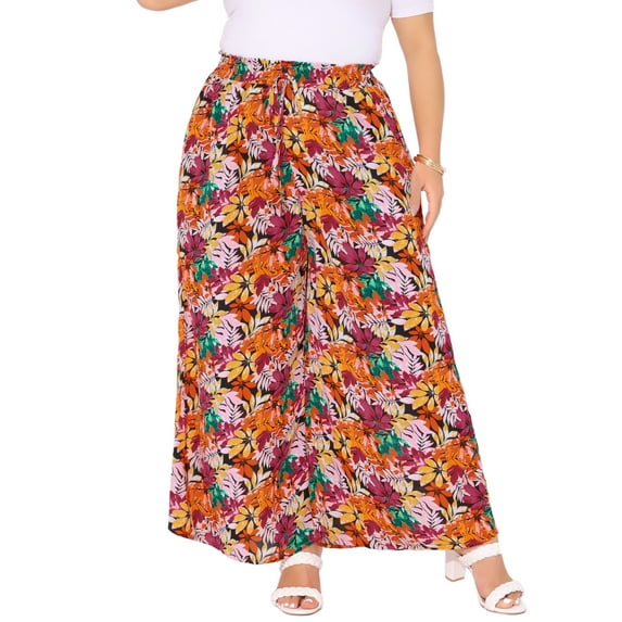 Agnes Orinda Women's Plus Size Easter Floral Wide Leg Pants Rise Front Tie Boho Flowy Casual Beach Palazzo Trousers with Pockets 1X Black Red