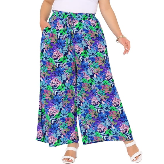 Agnes Orinda Women's Plus Size Easter Floral Wide Leg Pants Rise Front Tie Boho Flowy Casual Beach Palazzo Trousers with Pockets 1X Dark Blue Purple