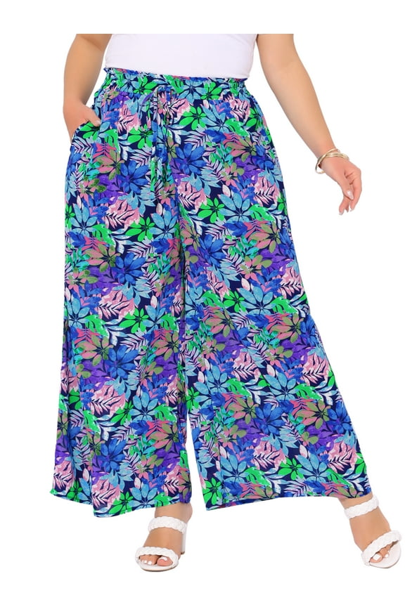 Women's Plus Size Easter Floral Wide Leg Pants Rise Front Tie Boho Flowy Casual Beach Palazzo Trousers with Pockets 1X Dark Blue Purple