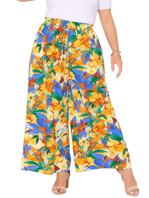 Women's Plus Size Floral Wide Leg Pants Rise Front Tie Boho Flowy Casual Beach Palazzo Trousers with Pockets 3X Yellow Orange