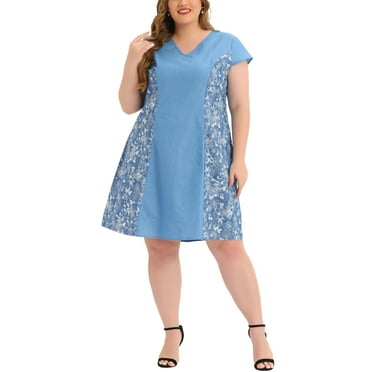 Agnes Orinda Women's Plus Size Chambray Cap Sleeve V Neck Floral Midi Dress 4X Blue