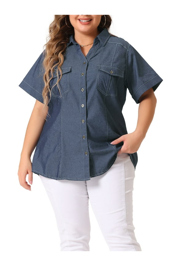 Women's Plus Size Chambray Shirt Denim Western Shirts Short Sleeve Button Down Tops 1X Black Blue