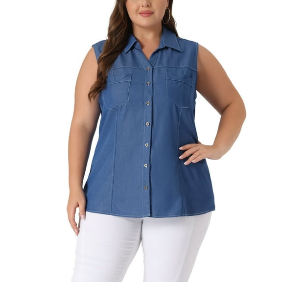 Agnes Orinda Women's Plus Size Chambray Sleeveless Button Work Shirts 4X Dark Blue