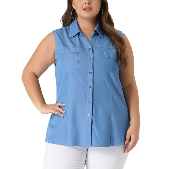Agnes Orinda Women's Plus Size Chambray Sleeveless Button Work Shirts 4X Sky Blue