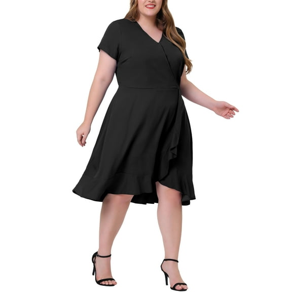 Agnes Orinda Women's Plus Size Chambray Wrap Elastic Waist Ruffle Dress