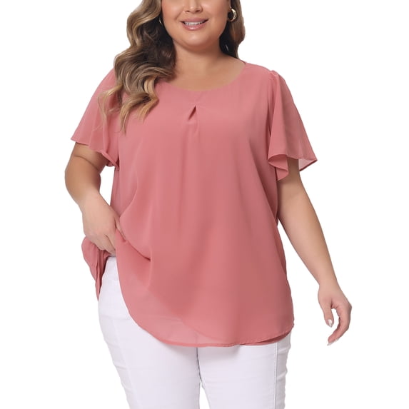 Agnes Orinda Women's Plus Size Chiffon Blouse Double-Layered Shirt Round Neck Ruffle Short Sleeves Casual Work Tops 1X Pink