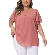 Agnes Orinda Women's Plus Size Chiffon Blouse Ruffle Short Sleeve Double-Layered Shirt Work Tops 2X Pink