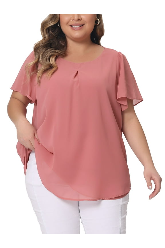 Women's Plus Size Chiffon Blouse Ruffle Short Sleeves Double-Layered Shirt Work Tops 2X Pink