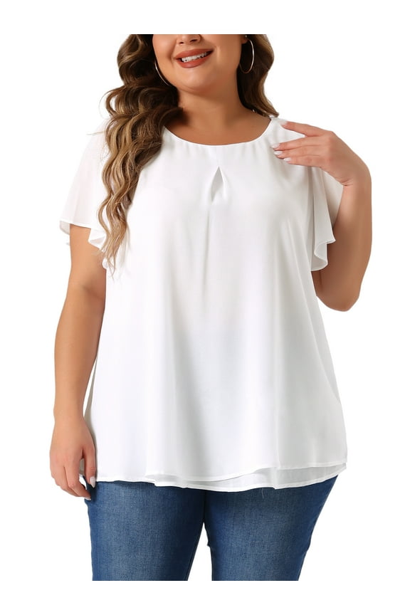 Women's Plus Size Chiffon Blouse Ruffle Short Sleeves Double-Layered Shirt Work Tops 2X White