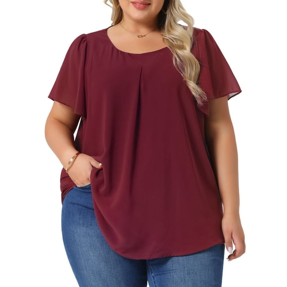 Agnes Orinda Women's Plus Size Chiffon Blouse Ruffle Short Sleeves Double-Layered Shirt Work Tops 3X Burgundy
