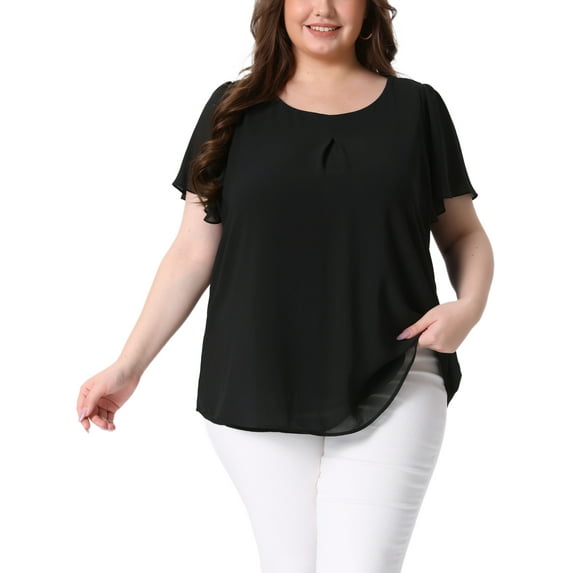 Agnes Orinda Women's Plus Size Chiffon Blouse Ruffle Short Sleeves Double-Layered Shirt Work Tops 4X Black