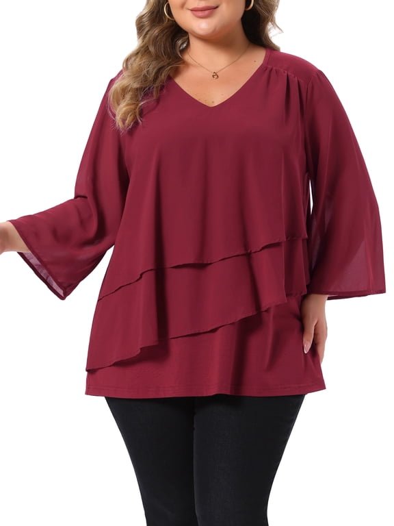 Women's Plus Size Halloween Outfits Chiffon Blouse V Neck 3/4 Sleeve Front Layered Spliced Casual Chiffon Tunic Tops 2X Wine Red
