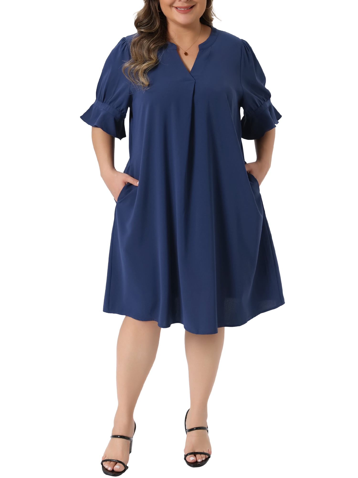 chiffon dress size 20 Agnes Orinda Women's Plus Size Chiffon Dresses Notch V Neck Bell Short  Sleeve Pleated Summer Casual Midi Dresses with Pockets 2X Dark Blue