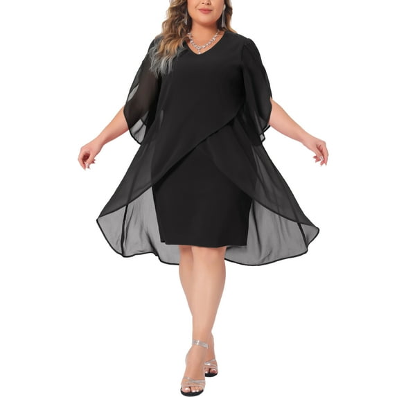 Agnes Orinda Women's Plus Size Dress V Neck Chiffon Overlay Wedding Guest Cocktail Party Dresses 2X Black