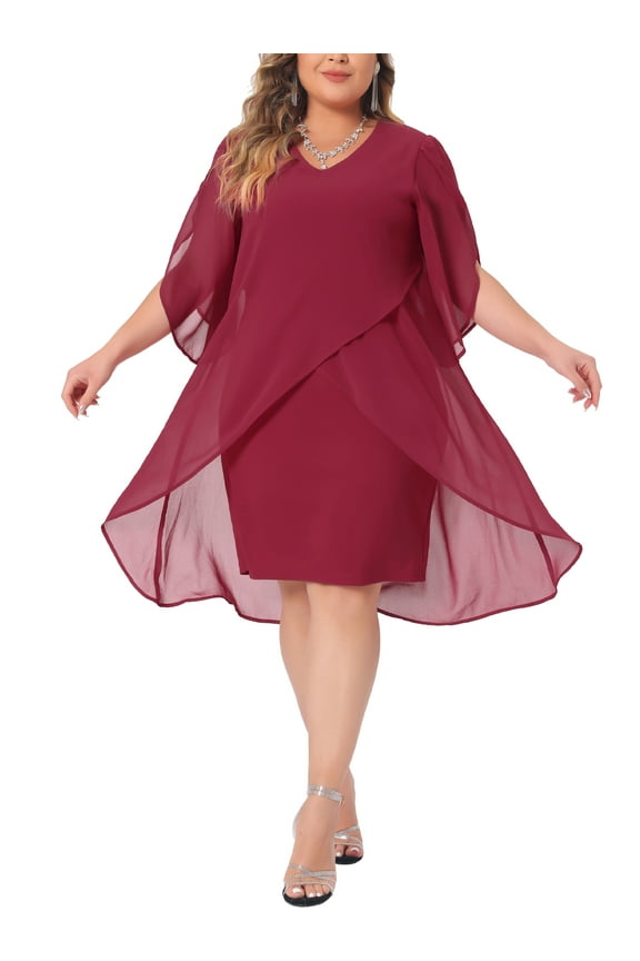 Women's Plus Size Dress V Neck Chiffon Overlay Wedding Guest Cocktail Party Dresses 2X Red