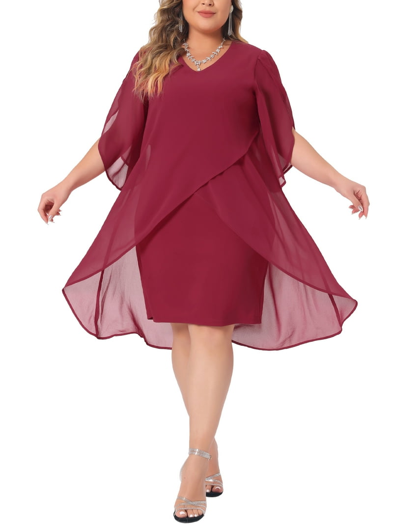 Agnes Orinda Women's Plus Size Dress V Neck Chiffon Overlay
