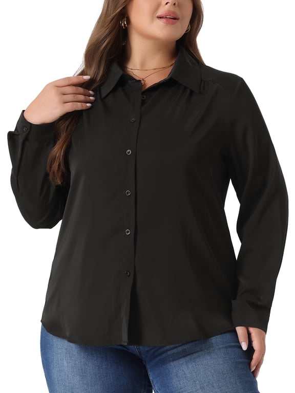 Women's Plus Size Chiffon Shirt Long Sleeve Tops Button Down Collared Blouses 1X Black