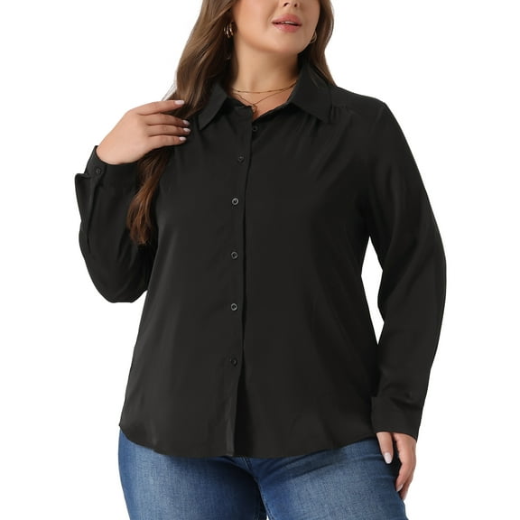 Agnes Orinda Women' s Plus Size Chiffon Shirt Long Sleeve Tops Button Down Collared Blouses 3X Black