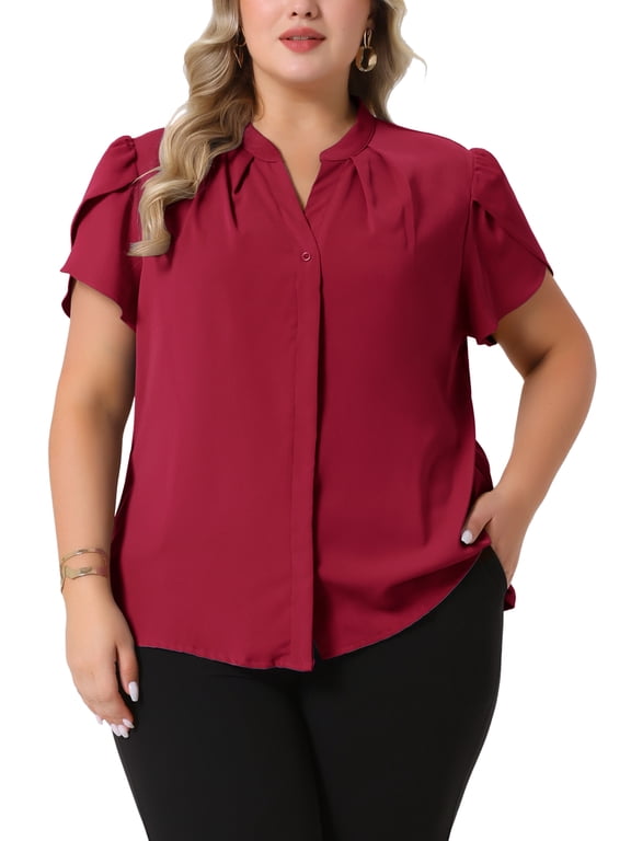 Women's Plus Size Chiffon Shirts Pleated Petal Sleeve V Neck Button Down Tops Business Work Blouse 2X Burgundy