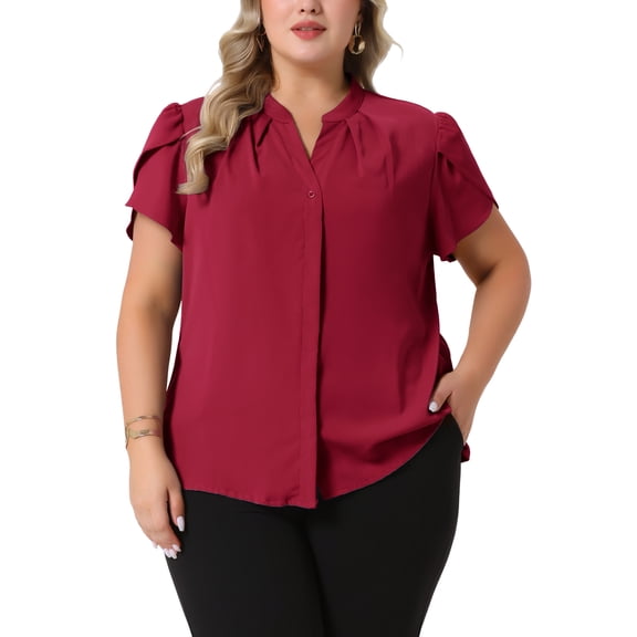 Agnes Orinda Women's Plus Size Chiffon Shirts Pleated Petal Sleeve V Neck Button Down Tops Business Work Blouse 3X Burgundy