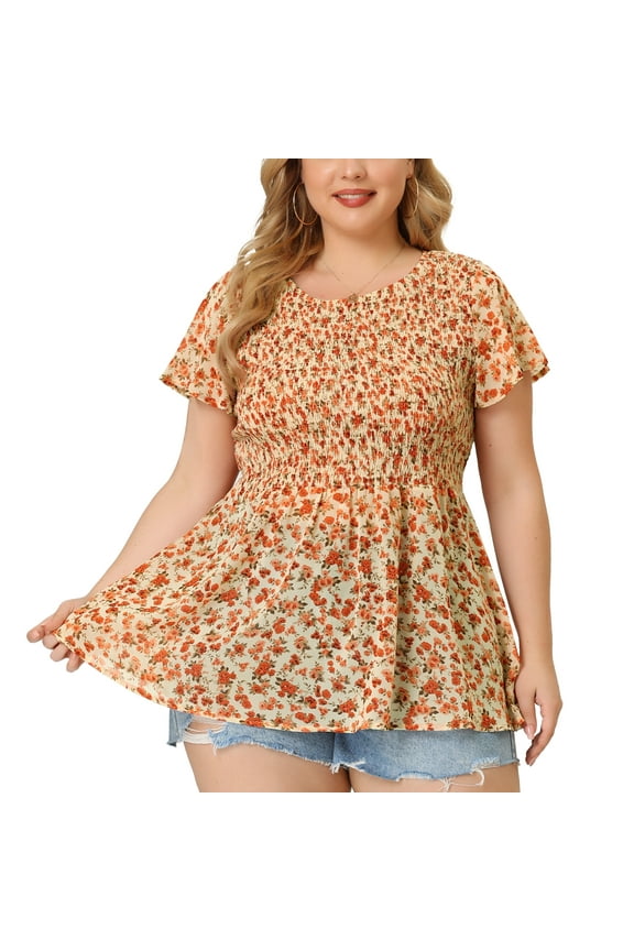 Plus Size Chiffon Blouses for Women Summer Flare Short Sleeve Smocked Ditsy Floral Peplum Top 1X Orange