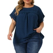 Agnes Orinda Women's Plus Size Tops Chiffon Swiss Dots Short Sleeves Lace Crochet Pleated Blouse 1X Dark Blue