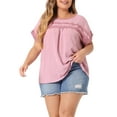 thumbnail image 1 of Agnes Orinda Women's Plus Size Tops Chiffon Swiss Dots Short Sleeves Lace Crochet Pleated Blouse 1X Pink, 1 of 5